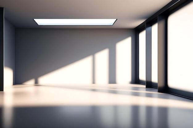 Esquina de la habitación vacía de paredes y suelos blancos y lisos a la sombra del sol para un interior moderno y minimalista