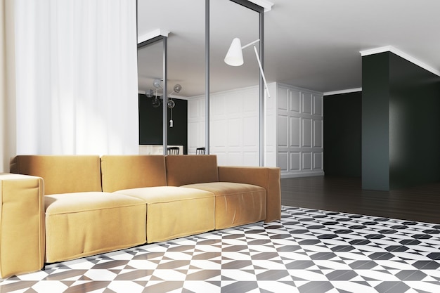 Foto esquina de sala de estar moderna con suelo a cuadros, paredes negras y un sofá amarillo claro. maqueta de renderizado 3d