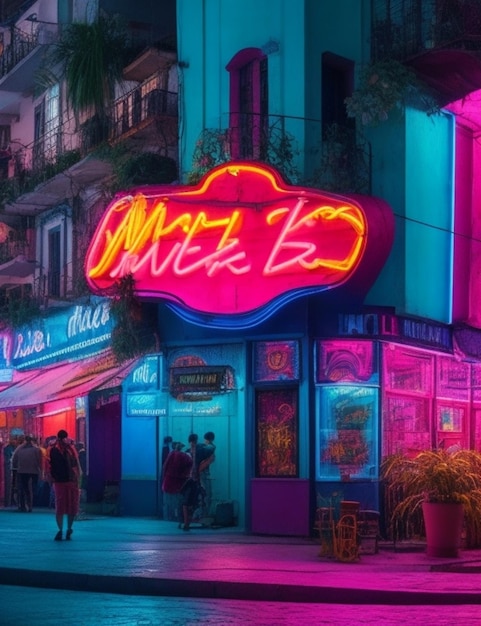 Una esquina vibrante de una ciudad latina iluminada por un letrero de neón con una fuente en negrita