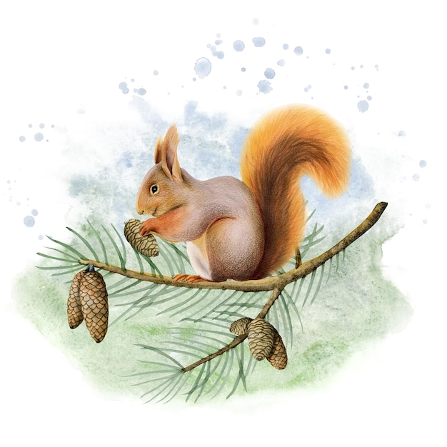 Esquirol de acuarela sentado en una rama de abeto con conos de pino ilustración de animal del bosque