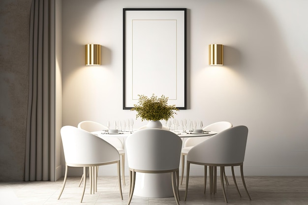 Essbereich Innenszene und Rahmenmodell Weiße Wand, hoher Wandrahmen, Tisch und sechs Stühle, zweistufige, geschwungene Eckwand, verdeckte warmweiße LED-Beleuchtung