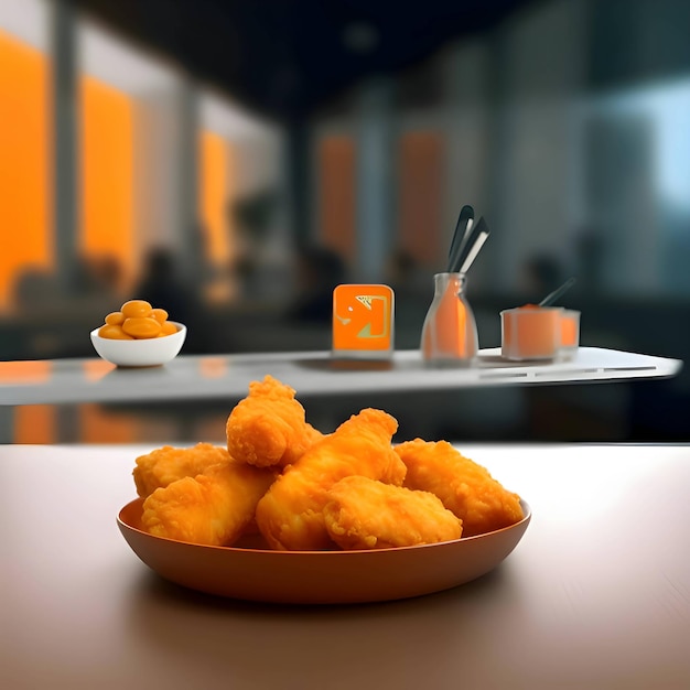 Essen auf dem Tisch, Hühnernuggets, verschwommener Hintergrund.
