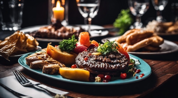 Foto essen auf einem teller, essen auf dem tisch, köstliches essen auf dem table, schmackhafte lebensmittel auf dem tisch.