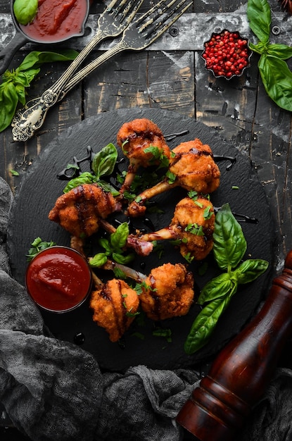 Essen Gebackene Buffalo Chicken Wings mit Ketchup und Balsamico-Sauce auf einer schwarzen Steinplatte Draufsicht Freier Platz für Ihren Text