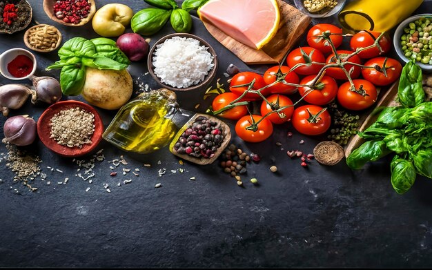 Essen-Hintergrund Essen-Konzept mit verschiedenen leckeren frischen Zutaten für die italienische Küche