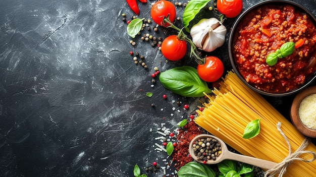 Essen Hintergrund Italienisches Essen Hintergrund mit Pasta, Ravioli, Tomaten, Oliven und Basilikum