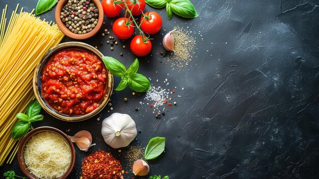 Essen Hintergrund Italienisches Essen Hintergrund mit Pasta, Ravioli, Tomaten, Oliven und Basilikum