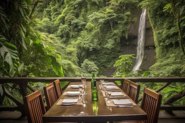 Essen im Freien mit Blick auf den Wasserfall und den üppigen Wald, der mit generativer KI geschaffen wurde