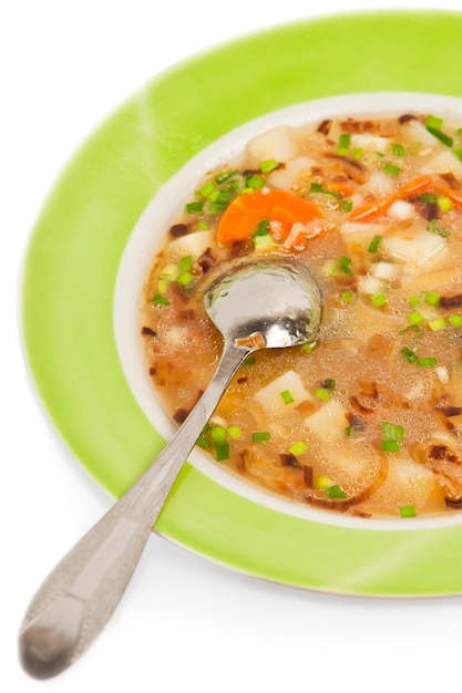 Essen im Porzellan - frische Suppe aus Gemüse mit Zwiebelfalten