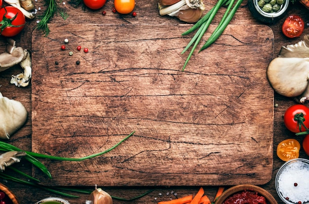 Essen Kochen Hintergrund Zutaten für die Zubereitung vegane Gerichte Gemüse Wurzeln Gewürze Pilze..