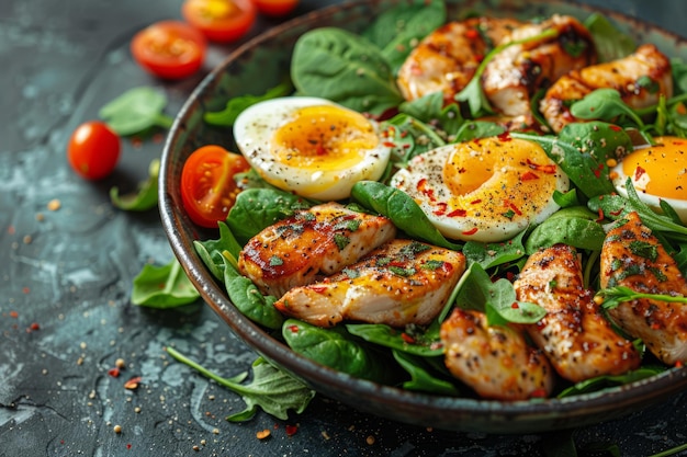 Essen mit gebratenen Hühnern, gekochten Eiern und frischem Grün zum Mittagessen