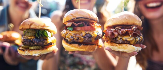 Essen und Lachen gehen Hand in Hand, eine abgeschnittene Aufnahme von drei Freunden, die draußen Burger essen.