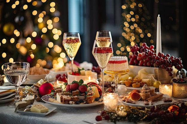 Essen und Wein auf einem Tisch mit Weihnachtslichtern im Hintergrund sowie für ein Ereignis oder ein Feiertagessen