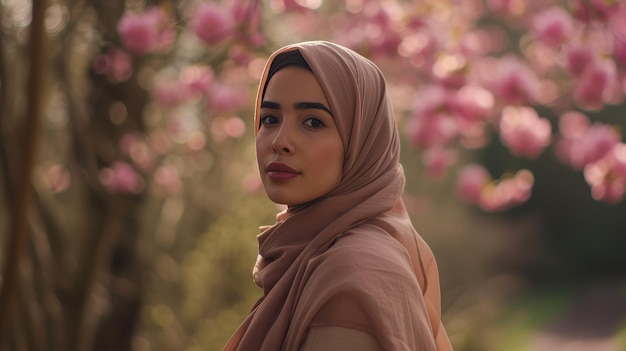 Essência etérea Mulher muçulmana em meio a flores cor-de-rosa