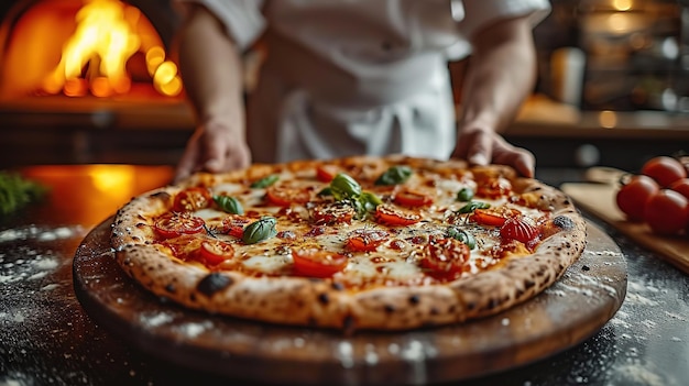 Essenkonzept Vorbereitung traditioneller italienischer Pizza Junge lächelnde Koch in Uniform