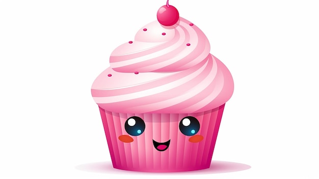 Essensfigur mit Cupcake mit einem Gesicht im süßen, lustigen Cartoon-Kawaii-Stil auf weißem Hintergrund