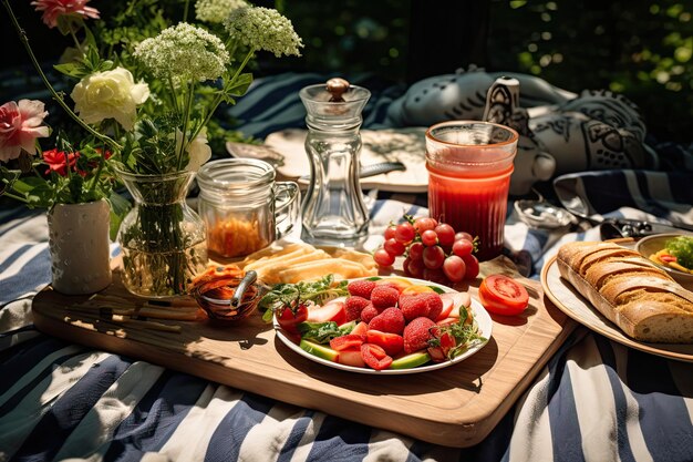 Essensset auf Picknickmatte im Garten 1