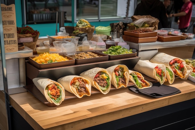 Essensstand mit einer Platte mit auf Bestellung zubereiteten Sandwiches, Wraps und Tacos, erstellt mit generativer KI