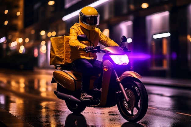 Essenszusteller, Kurierfahrer, der mit dem Motorrad auf den Straßen der Stadt rast und einen einheitlichen Helm trägt