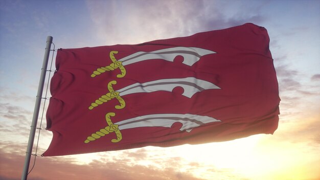 Essex-Flagge, England, im Wind-, Himmel- und Sonnenhintergrund wehend. 3D-Rendering