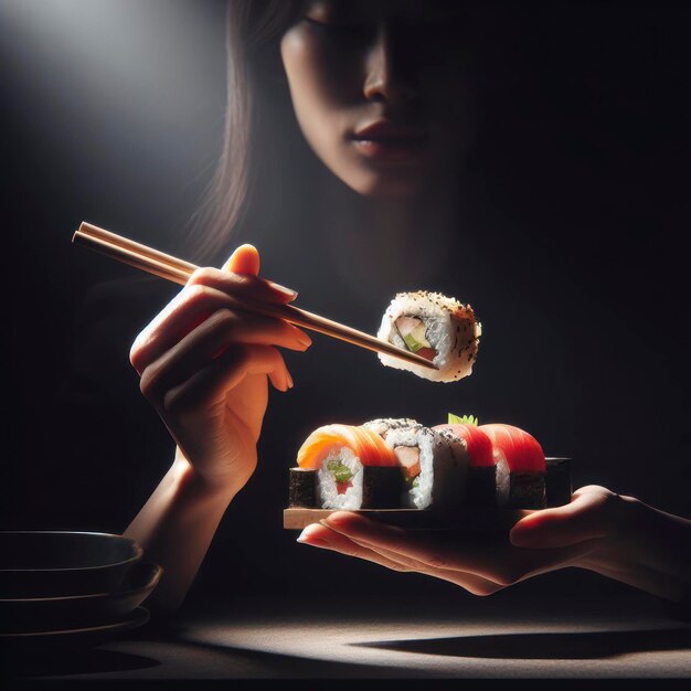 Essstäbchen halten Sushi fest dunkler Hintergrund Spot Licht Atmosphäre Beleuchtung ai generativ