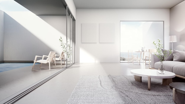 Esstisch neben weißem Sofa auf grauem Teppich im großen Wohnzimmer in modernem Haus oder Luxusvilla