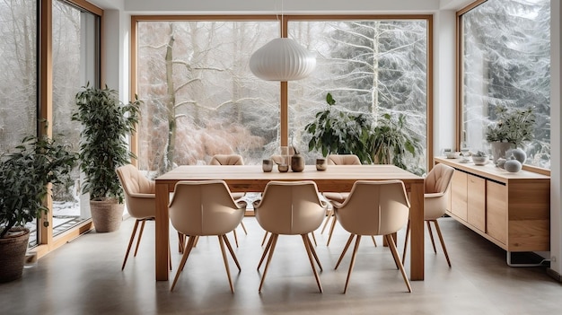 Esstisch und Stühle aus Holz, modernes Esszimmer mit Fenster