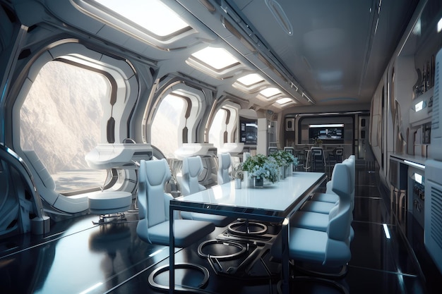 Esszimmer einer futuristischen Raumstation mit eleganten Tischen und Stühlen