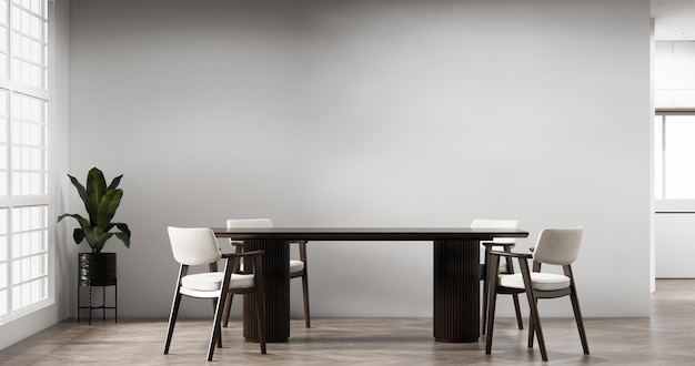 Esszimmer im japanischen Stil mit langem Tisch und Holzstühlen im Raum japandi3D-Rendering