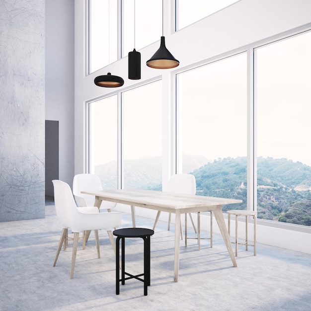 Esszimmer mit grauer Wand und weißen Stühlen und Hockern rund um den Tisch. Ein Bergblick im Fenster. Gemütliches Hauskonzept. 3D-Rendering-Attrappe