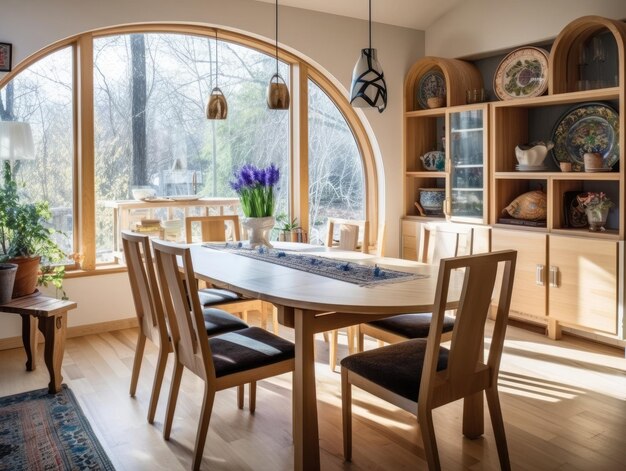 Esszimmer mit Holztisch und Stühlen, dekoriert mit Holzmöbeln. Natürliches Licht scheint durch ein Fenster. Generative KI