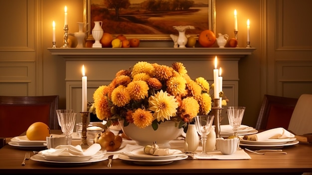 Esszimmerdekoration, Innenarchitektur und Herbstferienfeier, elegante herbstliche Tischdekoration mit Kerzen und Blumen, Heimdekoration und Idee im Landhausstil