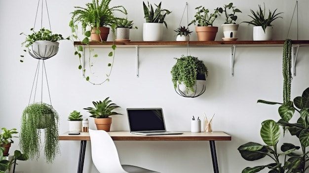 Esta área de escritório simples, mas convidativa, recebe vida com plantas penduradas.