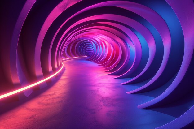 Esta arte de design gráfico representa uma ilusão em espiral com formas geométricas de linhas de néon rosa e violeta em um fundo roxo