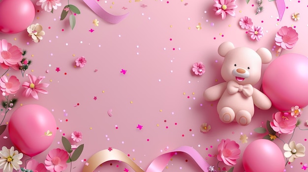 Esta bandeira de aniversário ilustrada em 3D tem belas flores, ursos e balões de aniversário em fundo rosa com confete e fita