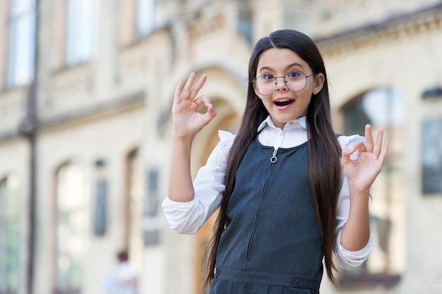 Está bien Niño feliz en uniforme muestra las manos OK al aire libre Signo OK o gesto de anillo Regreso a la escuela Educación formal Moda escolar y ropa escolar Enseñanza privada Día del conocimiento 1 de septiembre