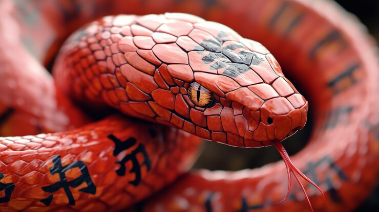 Foto esta cativante cobra vermelha desliza sem esforço através do ambiente exuberante seu corpo marcado com intrincada escrita japonesa exibindo naturezas artísticas e motivos culturais