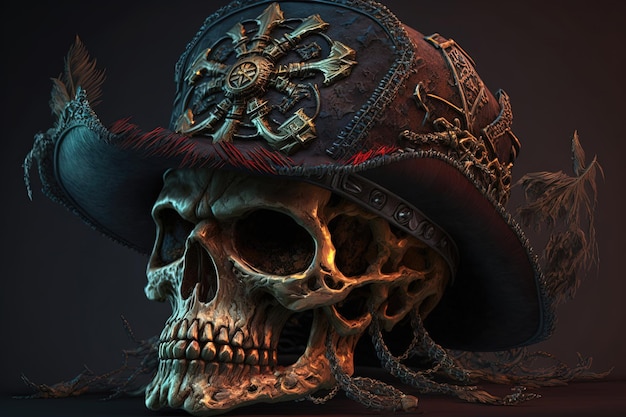 Esta caveira de pirata usando uma bandana vermelha e um chapéu de pirata com um símbolo de caveira e ossos cruzados é a imagem por excelência de um pirata Gerado por IA