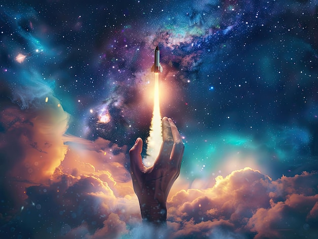 Esta cena imaginativa captura um lançamento de foguete sendo suavemente impulsionado por uma mão humana em uma paisagem de sonho cósmica fundindo aspirações e o universo ilimitado lançamento de foguetes cosmos espaço de mão