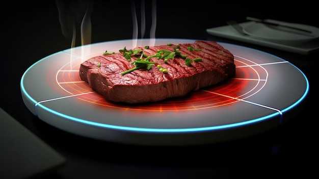 se está cocinando un bistec en una placa eléctrica futurista