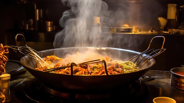 Se está cocinando una cacerola de comida en un restaurante.