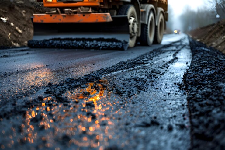 Se está construyendo una carretera y se está colocando asfalto fresco