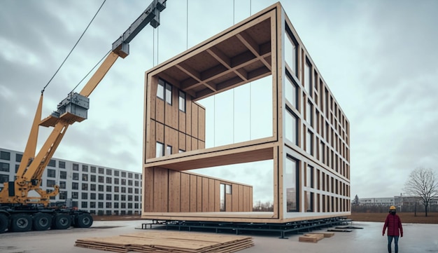 Se está construyendo un edificio de madera con una grúa delante.