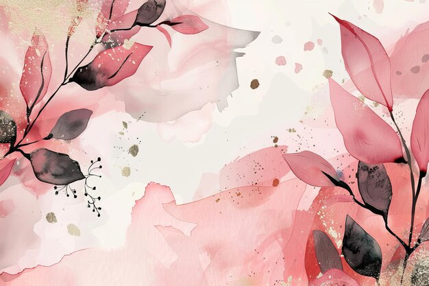 Esta é uma arte abstrata botânica de fundo rosa papel de parede texturizado com tons de rosa e terra aquarela folhas flores árvores e brilho dourado Design simples para impressões de embalagem de texto