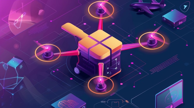 Foto esta é uma bandeira de arte de linha moderna de uma página de desembarque isométrica de entrega de drones que mostra quadcopters enviando pacotes de armazéns para clientes tecnologia de logística futurista uma linha moderna 3d