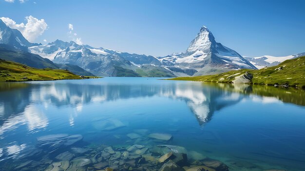 Esta é uma bela foto de paisagem do Matterhorn, uma montanha nos Alpes.