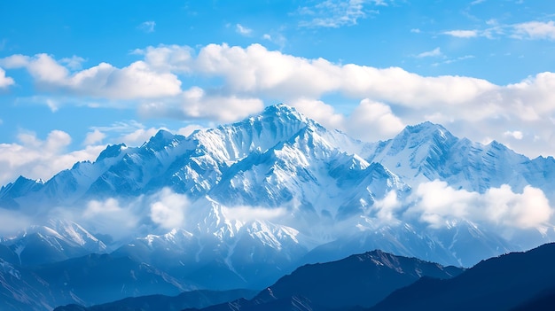 Esta é uma bela fotografia de paisagem de uma cordilheira coberta de neve. As montanhas estão à distância com um vale em primeiro plano.