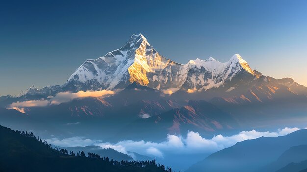 Esta é uma bela fotografia de paisagem de uma cordilheira coberta de neve. As montanhas estão banhadas pela calorosa luz solar e o céu é de um azul profundo.