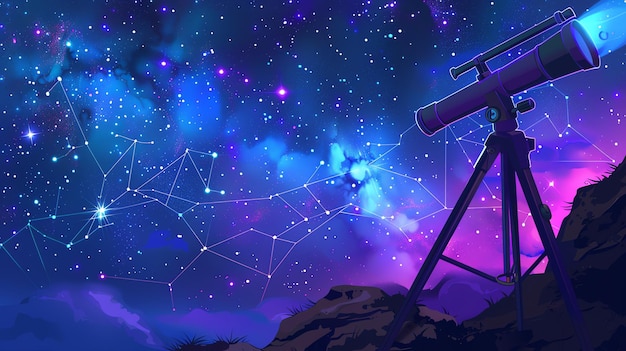 Esta é uma bela imagem de um céu noturno estrelado. O telescópio está no canto inferior direito.