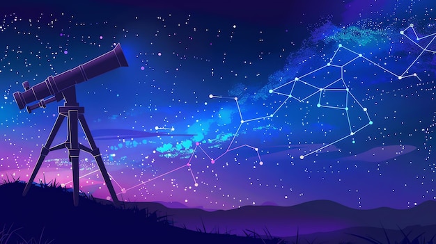 Esta é uma bela imagem de um céu noturno estrelado. O telescópio está no canto inferior esquerdo.